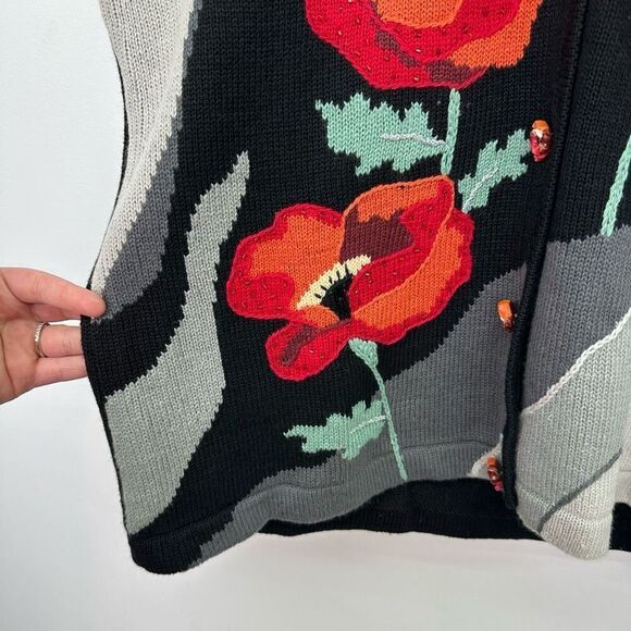 Storybook Knits Women’s Beaded Hand Knit Large Red Orange Poppy Flower Black Gre - Picture 6 of 8